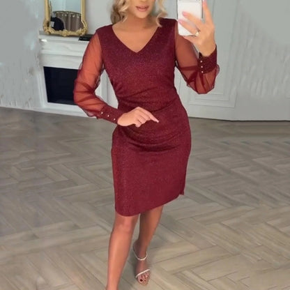 ⏰ 55% Rabatt – limited time! Damen Pailletten-Enganliegendes Kleid – Eleganter V-Ausschnitt | Tüllärmel | Must-have für jeden Anlass ✨