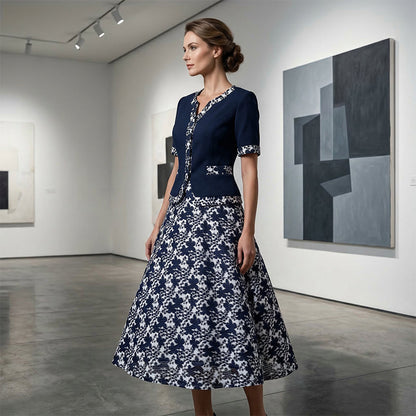 🔥 Sale | Marineblaues A-Linien Blumenkleid – Optik wie zweiteilig, Komfort wie einteilig | 50% Rabatt 🌸
