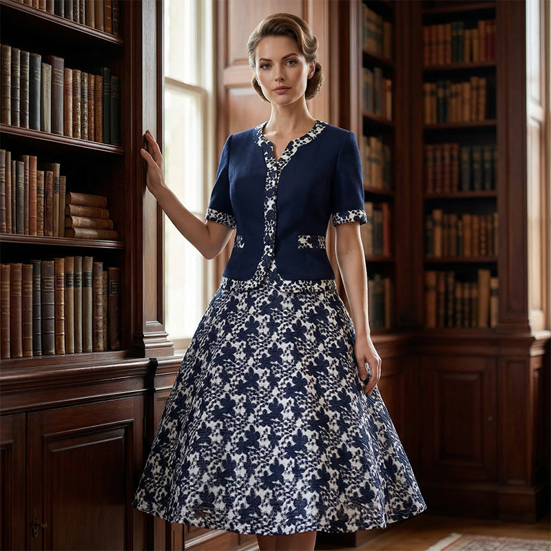 🔥 Sale | Marineblaues A-Linien Blumenkleid – Optik wie zweiteilig, Komfort wie einteilig | 50% Rabatt 🌸
