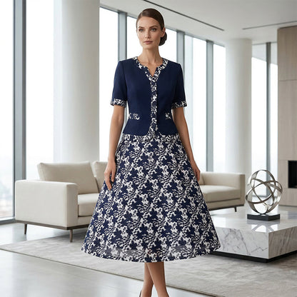 🔥 Sale | Marineblaues A-Linien Blumenkleid – Optik wie zweiteilig, Komfort wie einteilig | 50% Rabatt 🌸