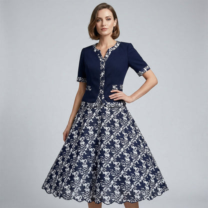 🔥 Sale | Marineblaues A-Linien Blumenkleid – Optik wie zweiteilig, Komfort wie einteilig | 50% Rabatt 🌸
