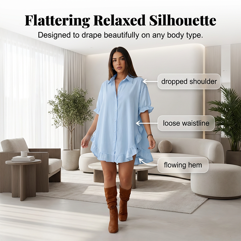 Oversized-Minikleid für Damen mit Knopfleiste und Rüschen am Saum