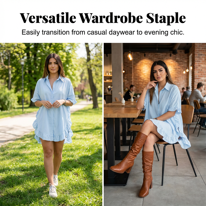 Oversized-Minikleid für Damen mit Knopfleiste und Rüschen am Saum
