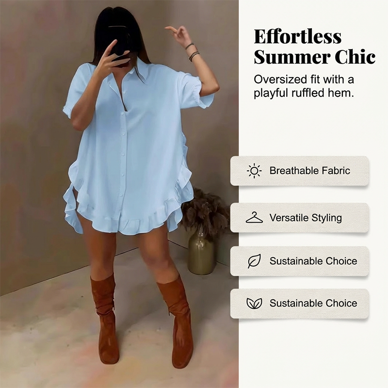 Oversized-Minikleid für Damen mit Knopfleiste und Rüschen am Saum