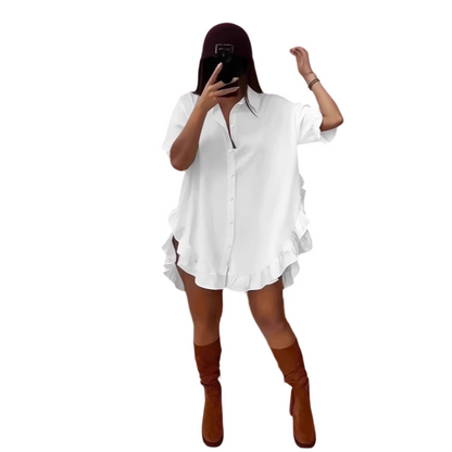 Oversized-Minikleid für Damen mit Knopfleiste und Rüschen am Saum