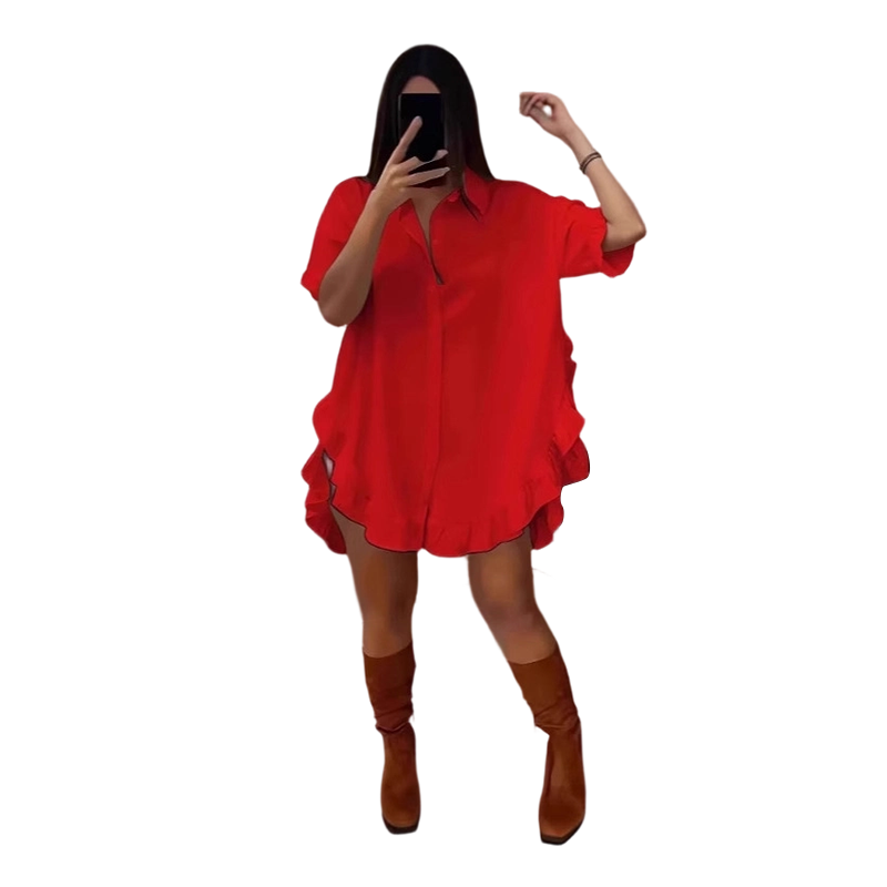 Oversized-Minikleid für Damen mit Knopfleiste und Rüschen am Saum