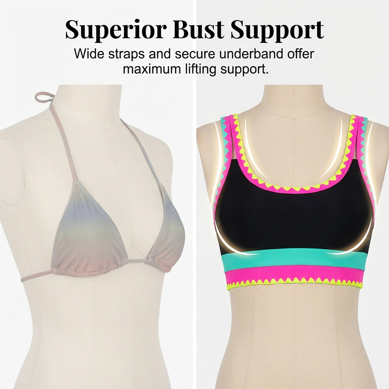 👙 ⭐ Nr. 1 im Verkauf ⭐ 🌊 3-teiliges Damen Bikini-Set – Hohe Taille, Color-Block & Zickzack-Design, Perfekt Für Strand & Urlaub 🌸
