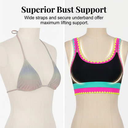👙 ⭐ Nr. 1 im Verkauf ⭐ 🌊 3-teiliges Damen Bikini-Set – Hohe Taille, Color-Block & Zickzack-Design, Perfekt Für Strand & Urlaub 🌸