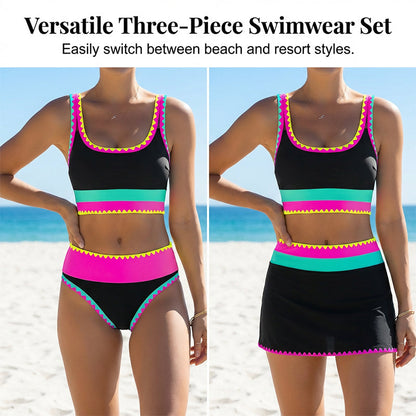 👙 ⭐ Nr. 1 im Verkauf ⭐ 🌊 3-teiliges Damen Bikini-Set – Hohe Taille, Color-Block & Zickzack-Design, Perfekt Für Strand & Urlaub 🌸