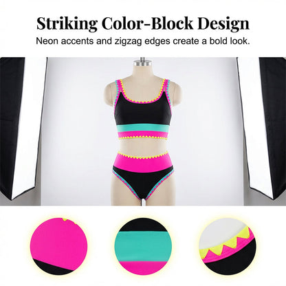 👙 ⭐ Nr. 1 im Verkauf ⭐ 🌊 3-teiliges Damen Bikini-Set – Hohe Taille, Color-Block & Zickzack-Design, Perfekt Für Strand & Urlaub 🌸