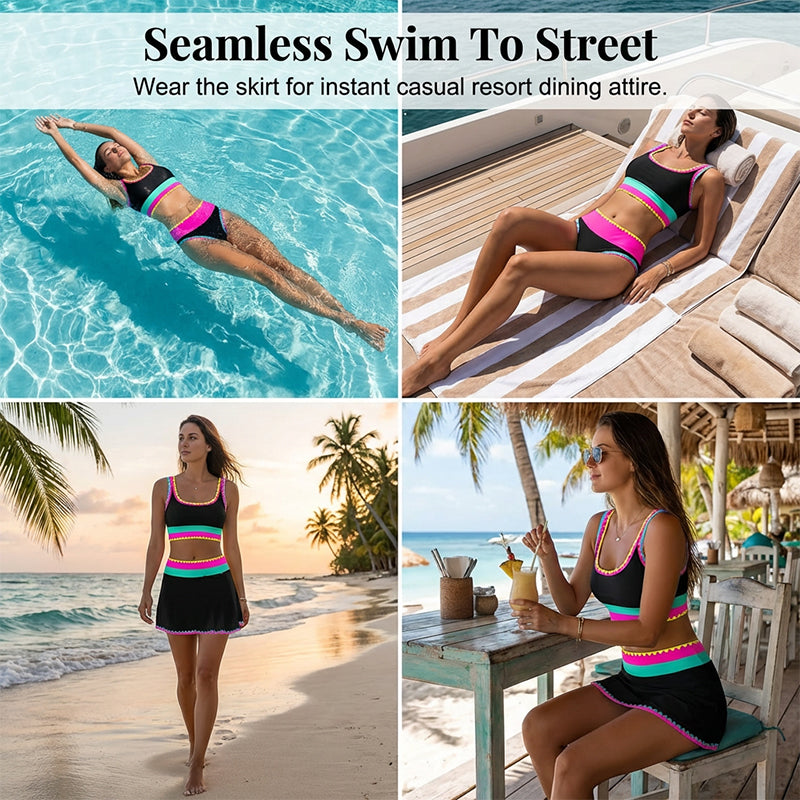 👙 ⭐ Nr. 1 im Verkauf ⭐ 🌊 3-teiliges Damen Bikini-Set – Hohe Taille, Color-Block & Zickzack-Design, Perfekt Für Strand & Urlaub 🌸