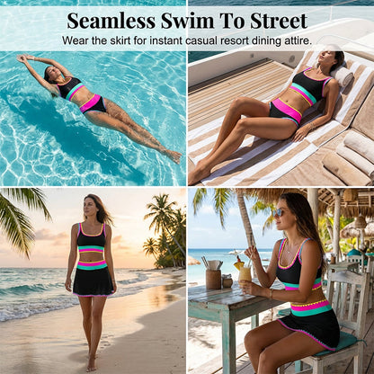 👙 ⭐ Nr. 1 im Verkauf ⭐ 🌊 3-teiliges Damen Bikini-Set – Hohe Taille, Color-Block & Zickzack-Design, Perfekt Für Strand & Urlaub 🌸