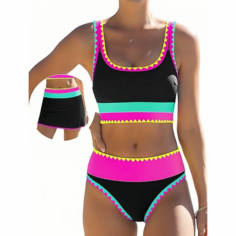 👙 ⭐ Nr. 1 im Verkauf ⭐ 🌊 3-teiliges Damen Bikini-Set – Hohe Taille, Color-Block & Zickzack-Design, Perfekt Für Strand & Urlaub 🌸