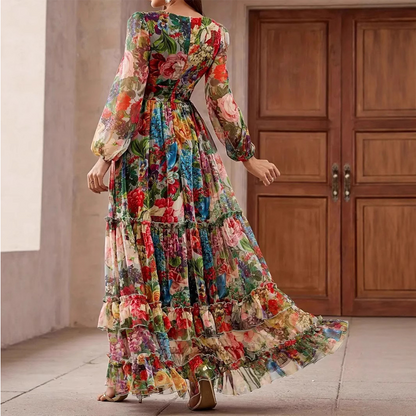🎨 Hochwertig verarbeitetes Maxikleid mit Blumenprint – V-Ausschnitt, Puffärmel, mehrlagiger Volantrock 🌸✨ | Ideal für den Alltag & romantische Dates 💕