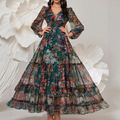 🎨 Hochwertig verarbeitetes Maxikleid mit Blumenprint – V-Ausschnitt, Puffärmel, mehrlagiger Volantrock 🌸✨ | Ideal für den Alltag & romantische Dates 💕