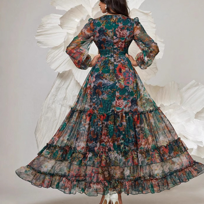 🎨 Hochwertig verarbeitetes Maxikleid mit Blumenprint – V-Ausschnitt, Puffärmel, mehrlagiger Volantrock 🌸✨ | Ideal für den Alltag & romantische Dates 💕