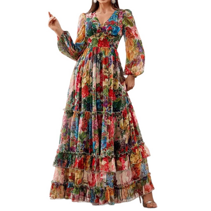 🎨 Hochwertig verarbeitetes Maxikleid mit Blumenprint – V-Ausschnitt, Puffärmel, mehrlagiger Volantrock 🌸✨ | Ideal für den Alltag & romantische Dates 💕