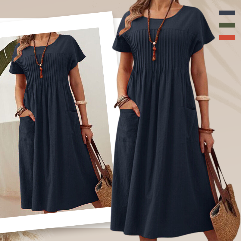 👗 45% RABATT! ✨ Faltenkleid für Damen mit Kurzen Ärmeln & Taschen – Bequem, Leicht & Perfekt für Den Sommer ☀️
