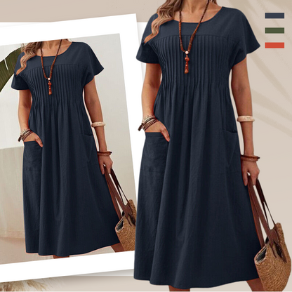 👗 45% RABATT! ✨ Faltenkleid für Damen mit Kurzen Ärmeln & Taschen – Bequem, Leicht & Perfekt für Den Sommer ☀️