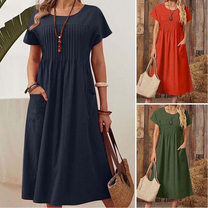 👗 45% RABATT! ✨ Faltenkleid für Damen mit Kurzen Ärmeln & Taschen – Bequem, Leicht & Perfekt für Den Sommer ☀️