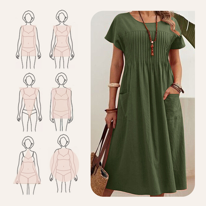 👗 45% RABATT! ✨ Faltenkleid für Damen mit Kurzen Ärmeln & Taschen – Bequem, Leicht & Perfekt für Den Sommer ☀️