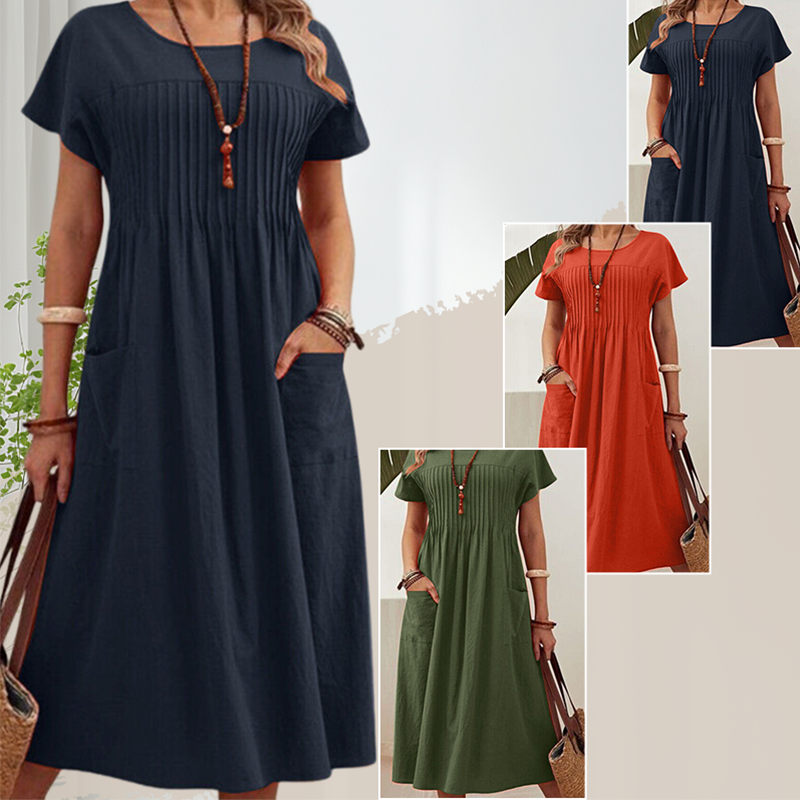 👗 45% RABATT! ✨ Faltenkleid für Damen mit Kurzen Ärmeln & Taschen – Bequem, Leicht & Perfekt für Den Sommer ☀️