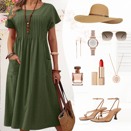 👗 45% RABATT! ✨ Faltenkleid für Damen mit Kurzen Ärmeln & Taschen – Bequem, Leicht & Perfekt für Den Sommer ☀️