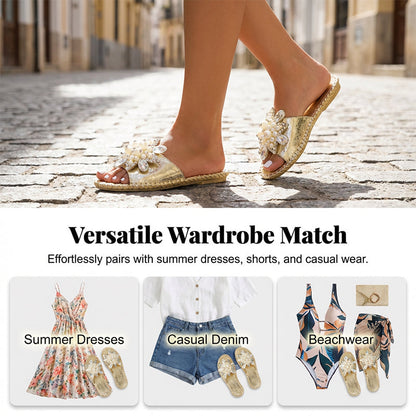 🔥 Damen Pailletten & Perlen Pantoffel – Rutschfeste Flachsohle | Elegante Zehensteg-Sandalen für Sommer (35-43) 👡✨
