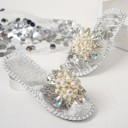 🔥 Damen Pailletten & Perlen Pantoffel – Rutschfeste Flachsohle | Elegante Zehensteg-Sandalen für Sommer (35-43) 👡✨