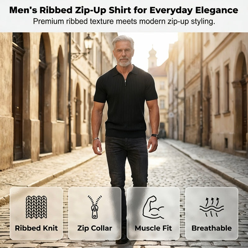 🌬️ Das „atmungsaktive“ Strickoberteil – Herren Reißverschluss-Poloshirt mit Rippenstrick | Perfekt für Büro & Freizeit 🏢➡️🌿