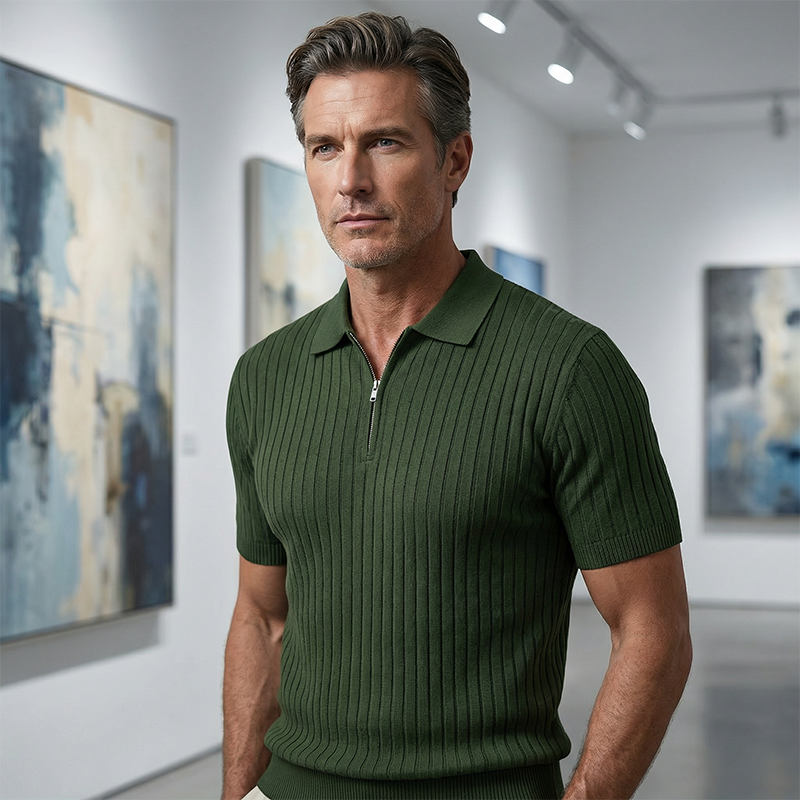 🌬️ Das „atmungsaktive“ Strickoberteil – Herren Reißverschluss-Poloshirt mit Rippenstrick | Perfekt für Büro & Freizeit 🏢➡️🌿