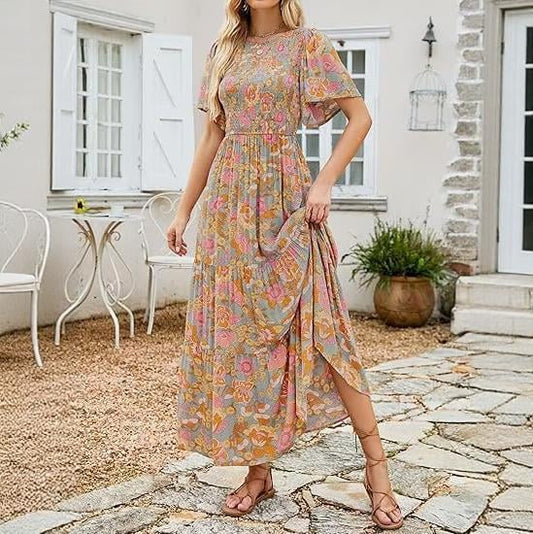🌷Frühsommer-Sale: 50% Rabatt🌸 Lässiges, geblümtes Maxikleid für den Sommer 2026 mit kurzen, flatternden Ärmeln, Rundhalsausschnitt, geraffter Taille und fließendem Schnitt
