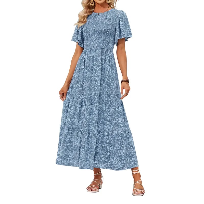 🌷Frühsommer-Sale: 50% Rabatt🌸 Lässiges, geblümtes Maxikleid für den Sommer 2026 mit kurzen, flatternden Ärmeln, Rundhalsausschnitt, geraffter Taille und fließendem Schnitt