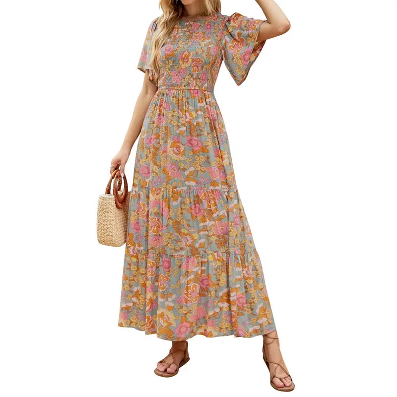 🌷Frühsommer-Sale: 50% Rabatt🌸 Lässiges, geblümtes Maxikleid für den Sommer 2026 mit kurzen, flatternden Ärmeln, Rundhalsausschnitt, geraffter Taille und fließendem Schnitt