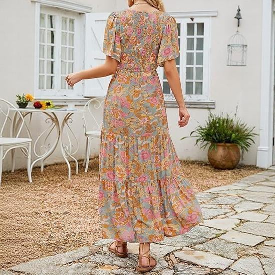 🌷Frühsommer-Sale: 50% Rabatt🌸 Lässiges, geblümtes Maxikleid für den Sommer 2026 mit kurzen, flatternden Ärmeln, Rundhalsausschnitt, geraffter Taille und fließendem Schnitt