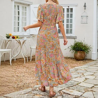 🌷Frühsommer-Sale: 50% Rabatt🌸 Lässiges, geblümtes Maxikleid für den Sommer 2026 mit kurzen, flatternden Ärmeln, Rundhalsausschnitt, geraffter Taille und fließendem Schnitt
