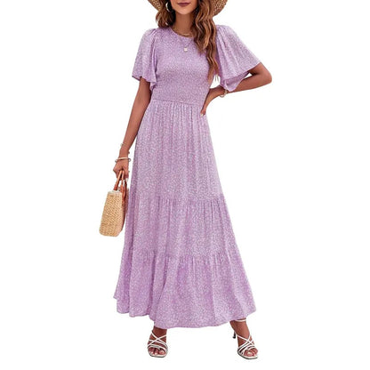 🌷Frühsommer-Sale: 50% Rabatt🌸 Lässiges, geblümtes Maxikleid für den Sommer 2026 mit kurzen, flatternden Ärmeln, Rundhalsausschnitt, geraffter Taille und fließendem Schnitt
