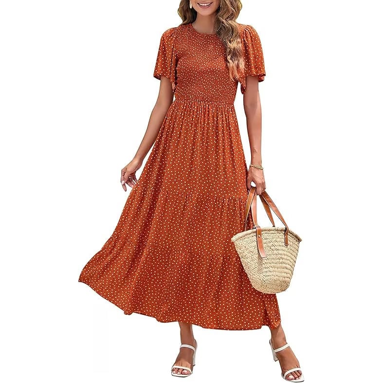 🌷Frühsommer-Sale: 50% Rabatt🌸 Lässiges, geblümtes Maxikleid für den Sommer 2026 mit kurzen, flatternden Ärmeln, Rundhalsausschnitt, geraffter Taille und fließendem Schnitt