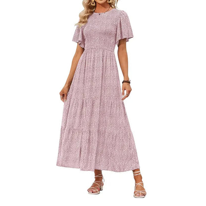 🌷Frühsommer-Sale: 50% Rabatt🌸 Lässiges, geblümtes Maxikleid für den Sommer 2026 mit kurzen, flatternden Ärmeln, Rundhalsausschnitt, geraffter Taille und fließendem Schnitt
