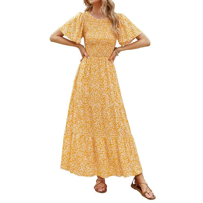 🌷Frühsommer-Sale: 50% Rabatt🌸 Lässiges, geblümtes Maxikleid für den Sommer 2026 mit kurzen, flatternden Ärmeln, Rundhalsausschnitt, geraffter Taille und fließendem Schnitt