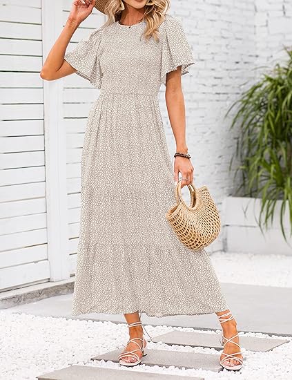 🌷Frühsommer-Sale: 50% Rabatt🌸 Lässiges, geblümtes Maxikleid für den Sommer 2026 mit kurzen, flatternden Ärmeln, Rundhalsausschnitt, geraffter Taille und fließendem Schnitt