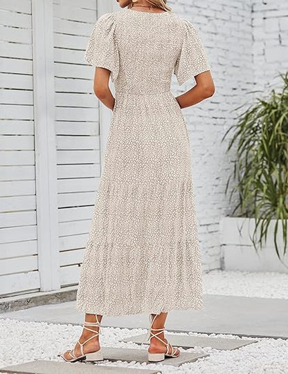 🌷Frühsommer-Sale: 50% Rabatt🌸 Lässiges, geblümtes Maxikleid für den Sommer 2026 mit kurzen, flatternden Ärmeln, Rundhalsausschnitt, geraffter Taille und fließendem Schnitt