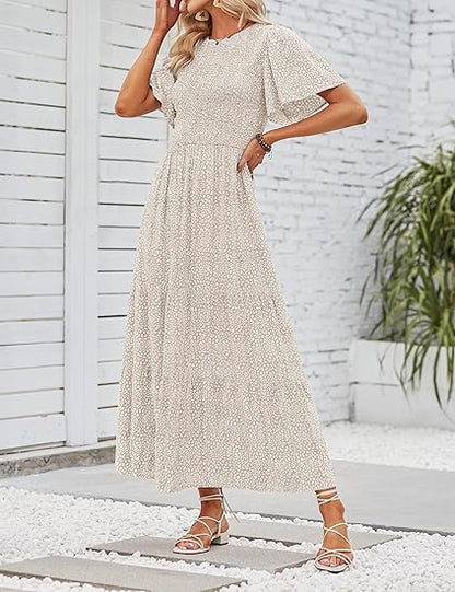 🌷Frühsommer-Sale: 50% Rabatt🌸 Lässiges, geblümtes Maxikleid für den Sommer 2026 mit kurzen, flatternden Ärmeln, Rundhalsausschnitt, geraffter Taille und fließendem Schnitt