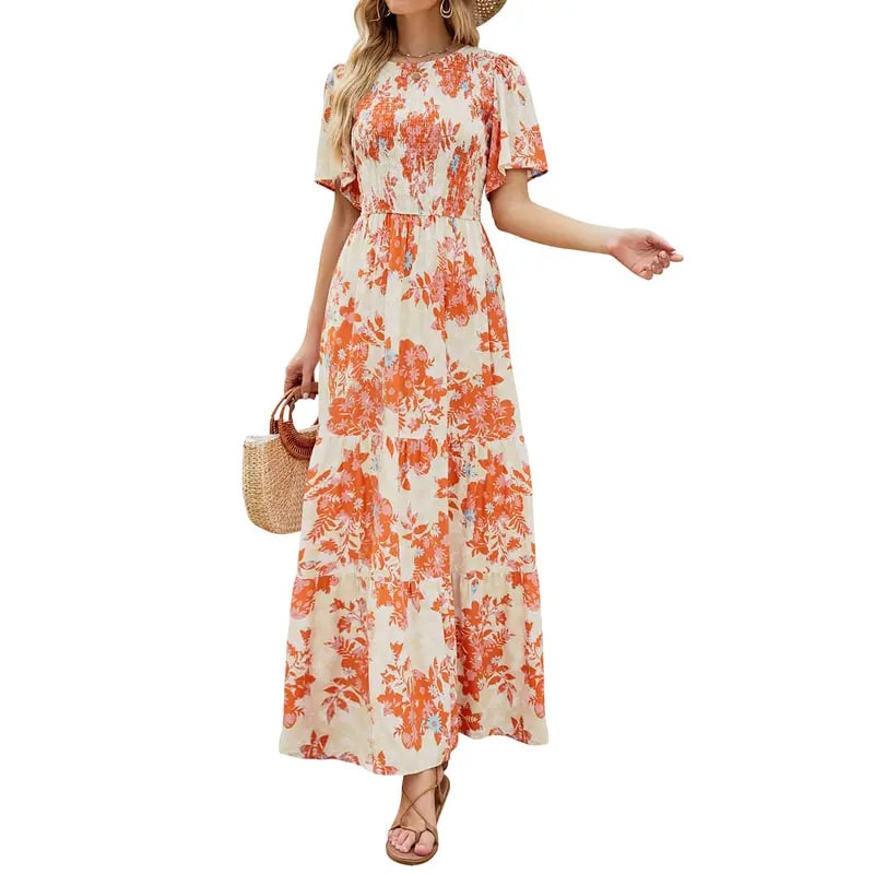 🌷Frühsommer-Sale: 50% Rabatt🌸 Lässiges, geblümtes Maxikleid für den Sommer 2026 mit kurzen, flatternden Ärmeln, Rundhalsausschnitt, geraffter Taille und fließendem Schnitt
