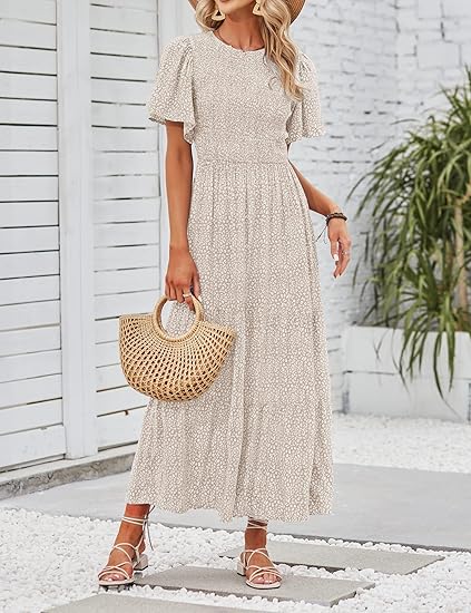 🌷Frühsommer-Sale: 50% Rabatt🌸 Lässiges, geblümtes Maxikleid für den Sommer 2026 mit kurzen, flatternden Ärmeln, Rundhalsausschnitt, geraffter Taille und fließendem Schnitt