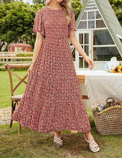 🌷Frühsommer-Sale: 50% Rabatt🌸 Lässiges, geblümtes Maxikleid für den Sommer 2026 mit kurzen, flatternden Ärmeln, Rundhalsausschnitt, geraffter Taille und fließendem Schnitt