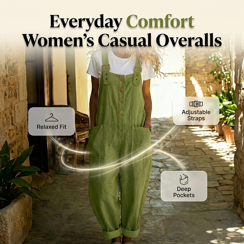 👖JETZT 50 % RABATT! 🌿 Lässige Damen-Latzhose mit Knopfleiste – Verstellbare Träger, atmungsaktives Material & bequeme Passform ✨