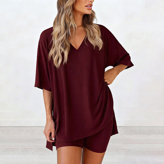 🌞50% Rabatt—nur noch wenige Teile auf Lager!💎Damen Lounge-Set mit V-Ausschnitt – Knitterfrei & Seidig Weich für Deinen Wohlfühl-Moment