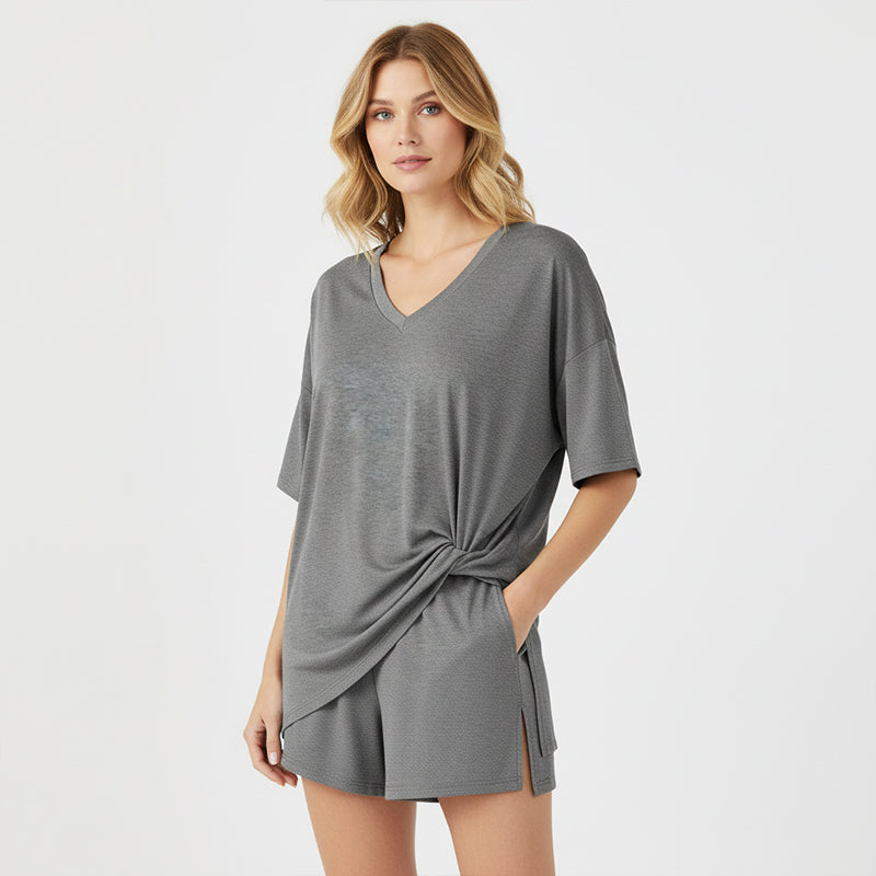 🌞50% Rabatt—nur noch wenige Teile auf Lager!💎Damen Lounge-Set mit V-Ausschnitt – Knitterfrei & Seidig Weich für Deinen Wohlfühl-Moment