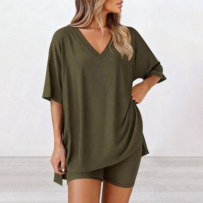 🌞50% Rabatt—nur noch wenige Teile auf Lager!💎Damen Lounge-Set mit V-Ausschnitt – Knitterfrei & Seidig Weich für Deinen Wohlfühl-Moment